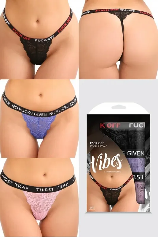 3-teiliges Spitzentanga-Set mit Text – Schwarz/Lila/Rosa