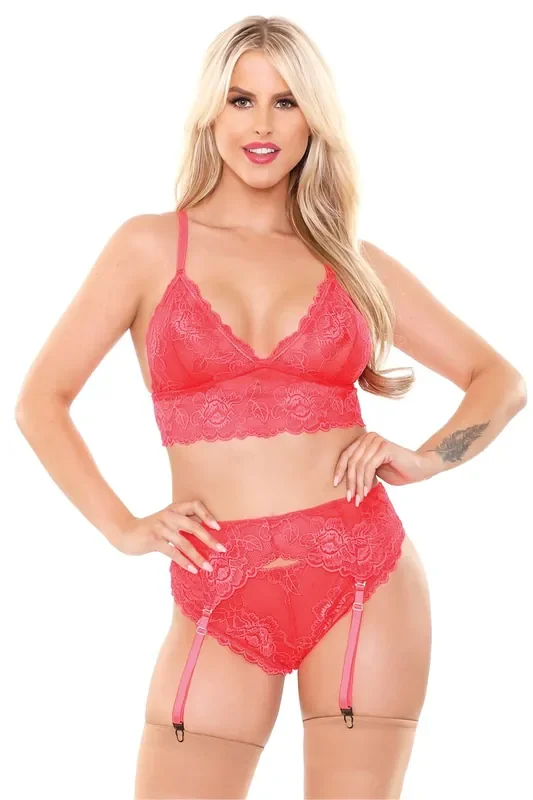 3-teiliges Strumpfhalter-Set aus Spitze – Pink