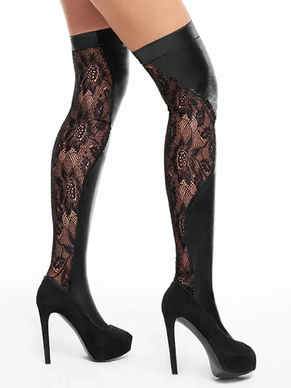 7-Heaven Halterlose Wetlook-Spitzen-Strümpfe S592, schwarz