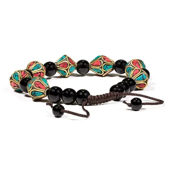 Armband – Türkis / Koralle / schwarzer Achat konisch – verstellbar