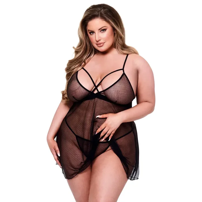 Baci – 2pc Strappy Lace & Mesh Babydoll & G-string Set Queen