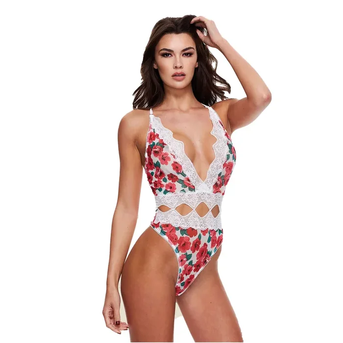 Baci – Weißer String-Spitzen-Bodysuit mit Blumenmuster