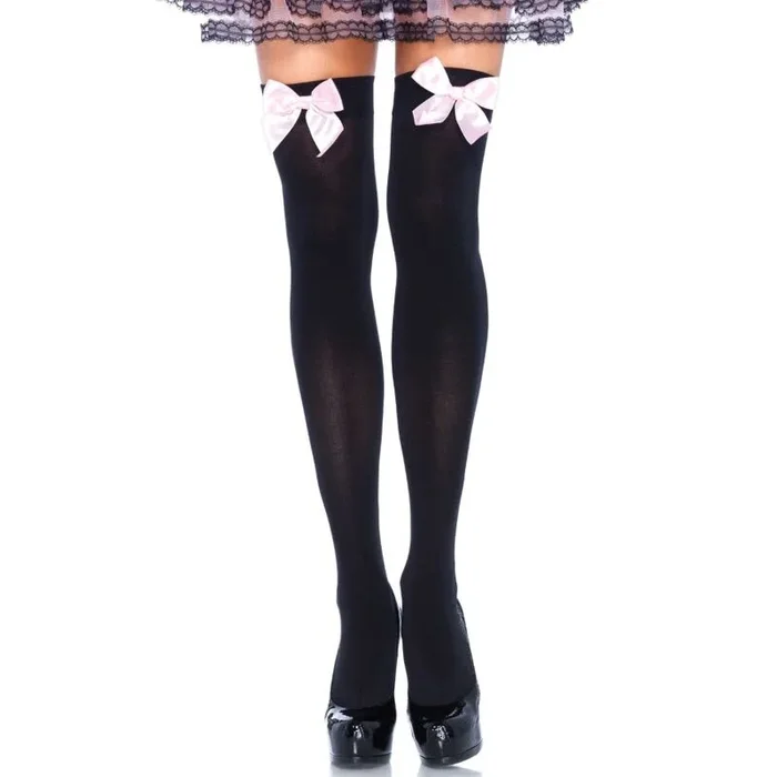 BEIN AVENUE SCHWARZ HOHE STOCKINGS MIT ROSA BOGEN EINER GRÖSSE