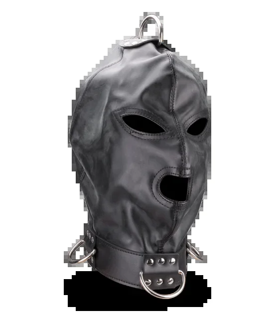 Bondage-Haube aus Kunstleder mit drei Öffnungen und Ringen
