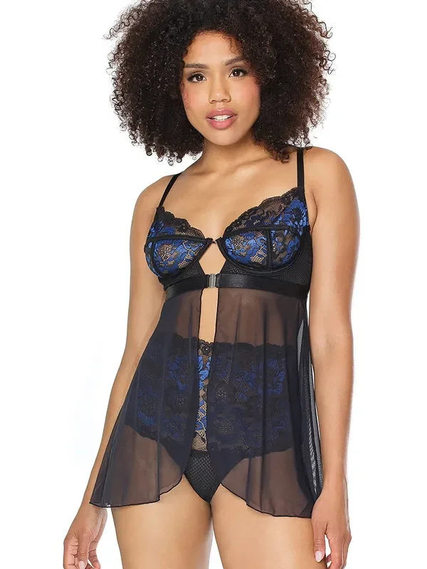 Coquette Babydoll mit String, schwarz/blau