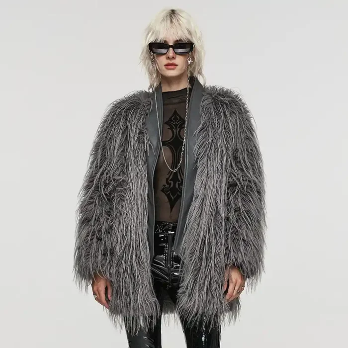 Dark Punk – Graue Oversized Jacke aus Kunstpelz