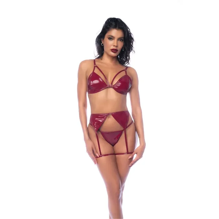 Dreiteiliges Dessous-Set – XL – Glänzendes Weinrot