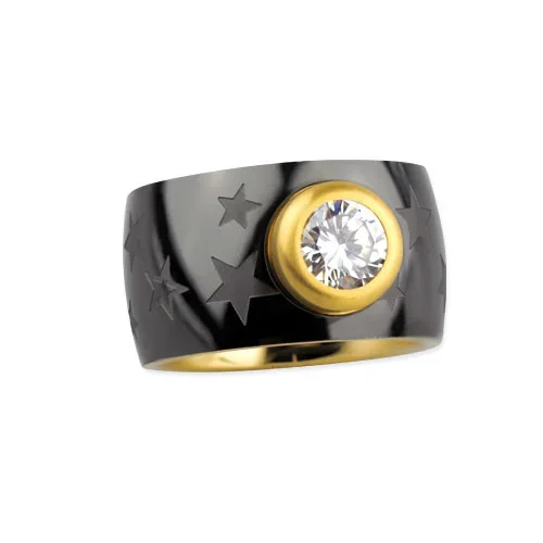 Edelstahlring ‚Sterne‘ mit Zirkonia schwarz-gold