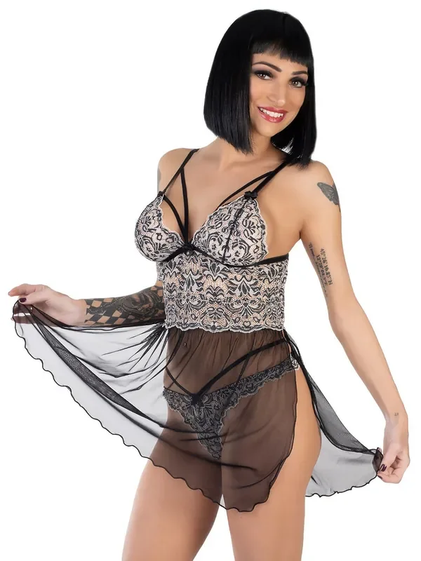 Eros Veneziani Romanza Spitzen-Babydoll, schwarz/grau