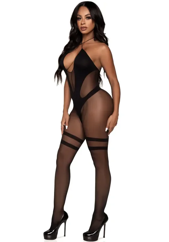 Gekreuzter Halter Bodystocking mit Ausschnitt