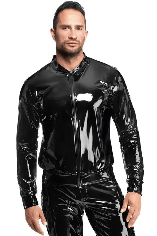Herren Lack-Jacke mit Reißverschluss – Schwarz