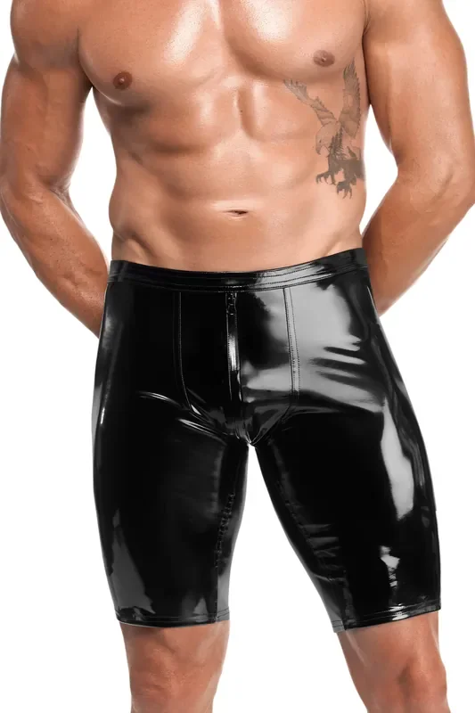 Herren Lack-Radler-Shorts mit Zwei-Wege-Reißverschluss – Schwarz