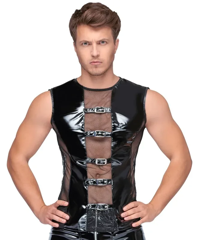 Herren Shirt aus Lack und Mesh mit Schnallen
