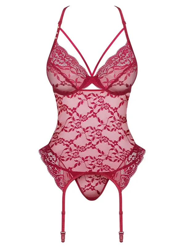 Ivetta Strumpfband-Top aus Spitze mit Tanga – Rot