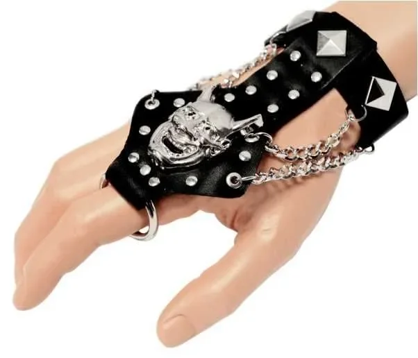 Kunstlederarmband mit Fingerring – Grinsender Dämon