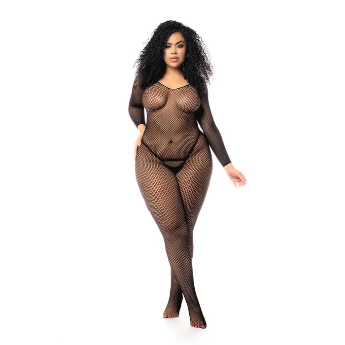Langärmeliger Netz-Bodystocking – Queen Size – Schwarz
