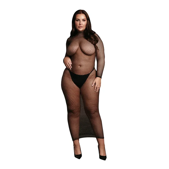 Langärmeliges Netzkleid mit Stehkragen schwarz in Queensize