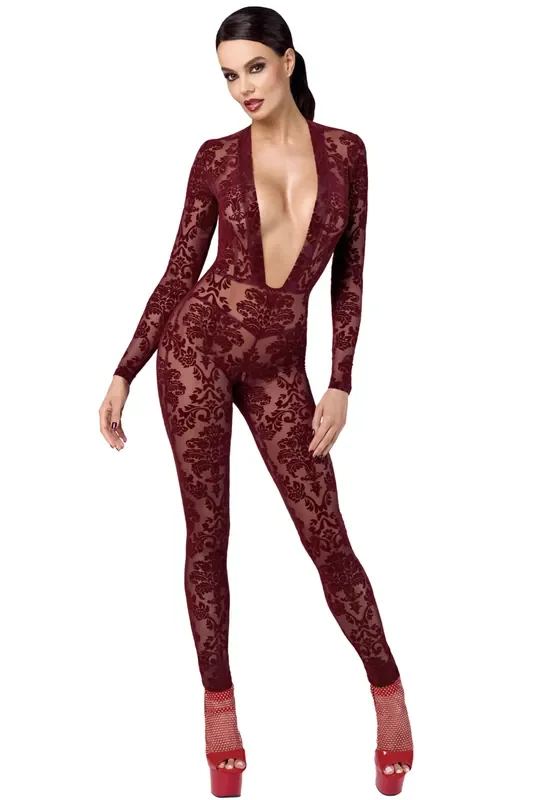 Langer Netz-Overall mit floraler Flockstickerei – Rot