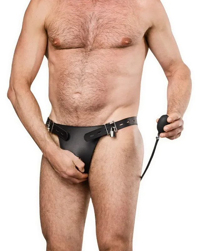 Leder-Keuschheitshose mit aufblasbarem Analplug – Schwarz