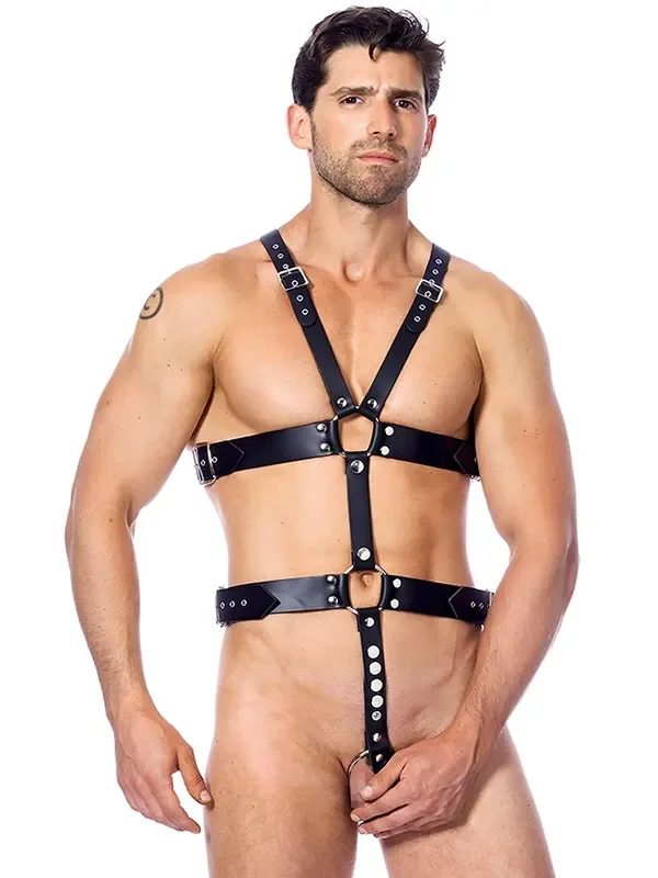 Lederharness mit 2 Penisringen, schwarz