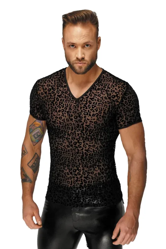 Leopard Netz-Shirt in schwarz mit V-Ausschnitt