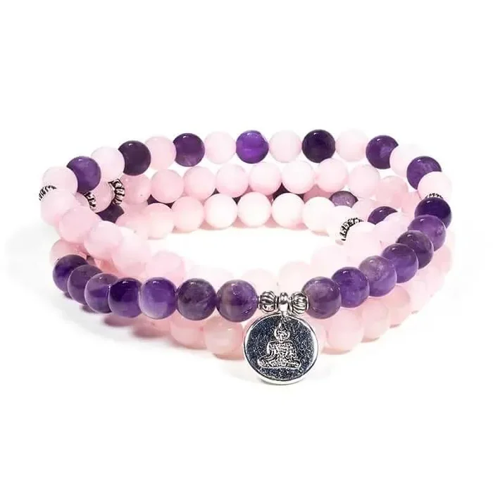 Mala Rosenquarz / Amethyst – mit Buddha Anhänger – elastisch