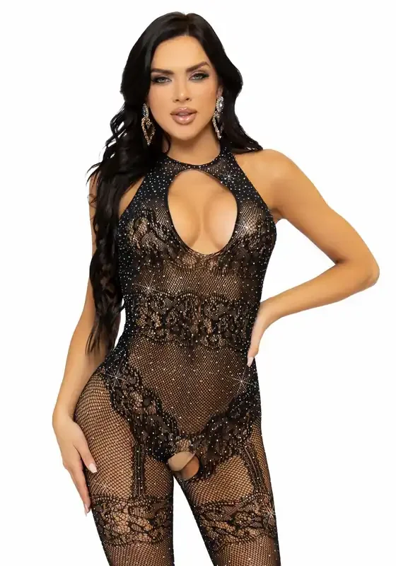 Nahtloser Fischnetz-Catsuit – Schwarz