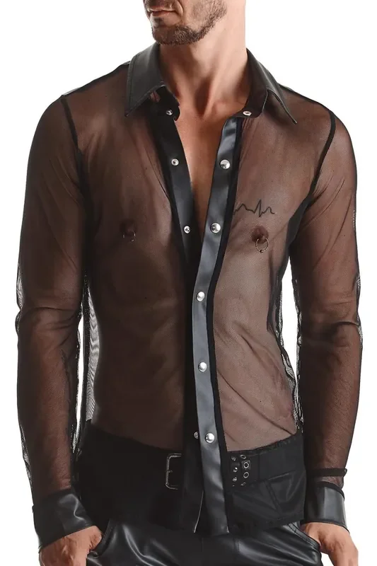 Netz-Wetlook Hemd Stehkragen Slim-Fit