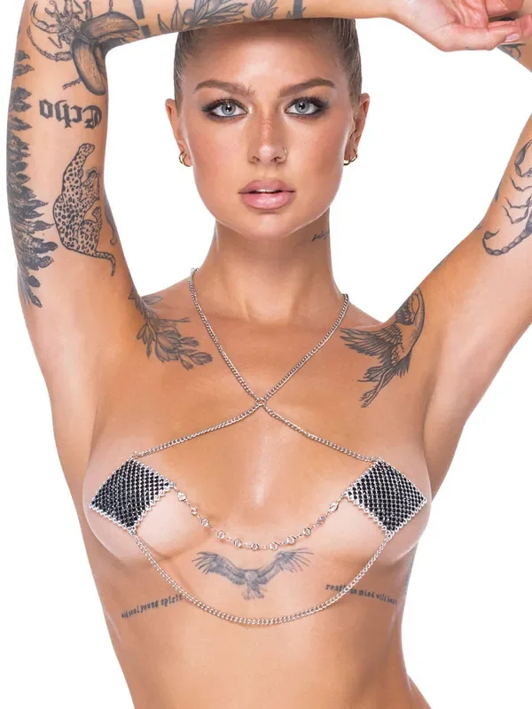 Nipple Sticker mit Kettchen, schwarz/silber