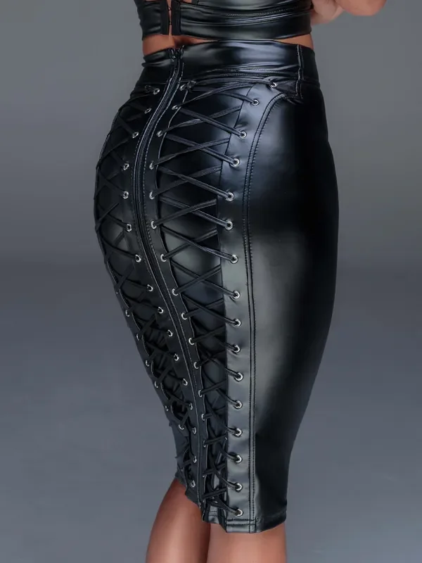 Noir Handmade Wetlook-Bleistiftrock mit Schnürung F152, schwarz