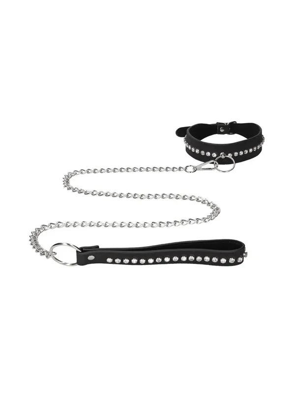 Ouch! Collar + Leash Diamond Halsband mit Leine, schwarz