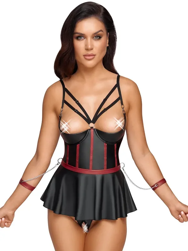 Ouvert-Bondage-Babydollset, schwarz/rot