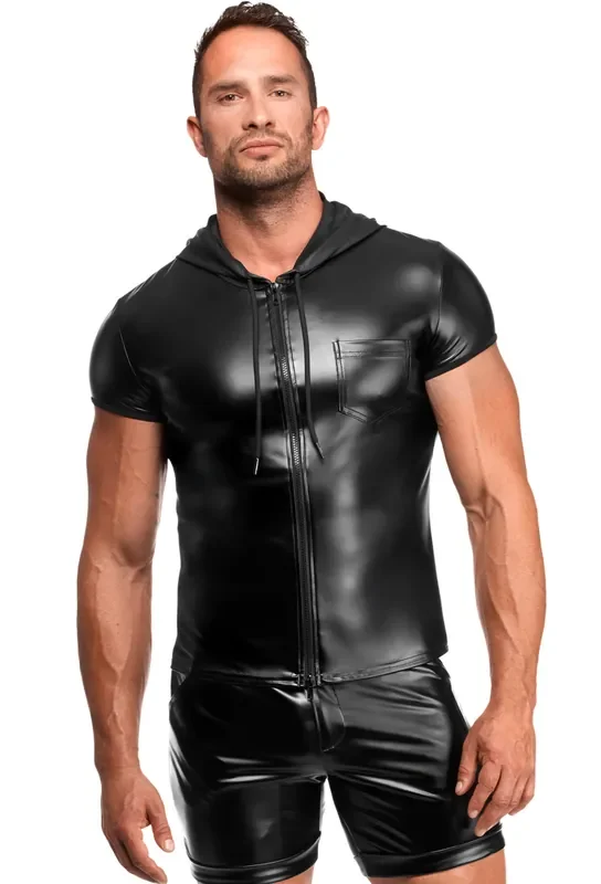 Powerwetlook Kapuzen-Shirt mit Reißverschluss – Schwarz (Grösse L)