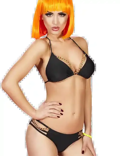 Push Up Bikini mit Neckholder in schwarz mit goldenen Ketten