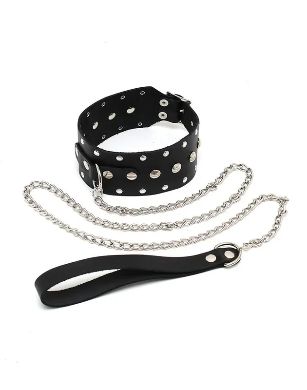 Rimba Nieten-Halsband mit Hundekette – Verstellbar | Echtleder, Schwarz