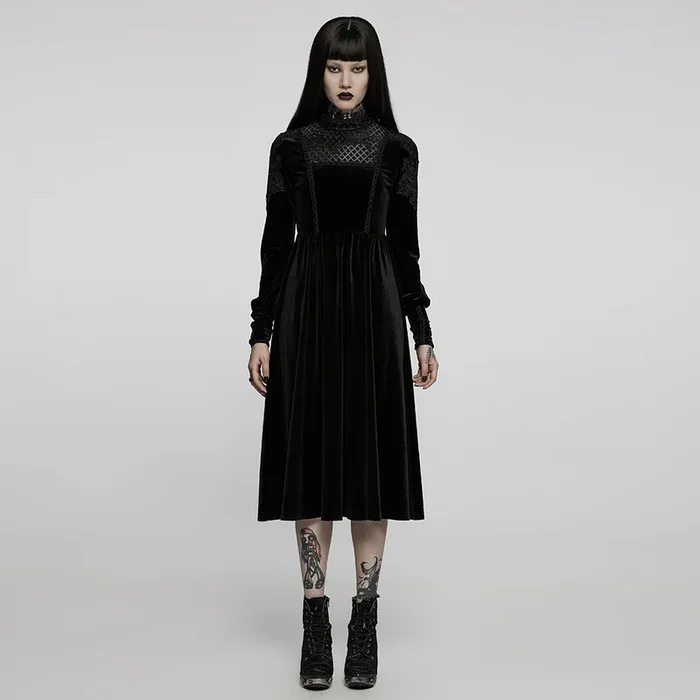 Romantisch-gothisches Midikleid aus schwarzem Stretch-Samt