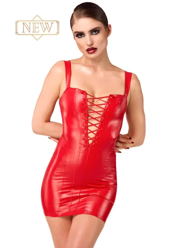 Rotes Wetlook-Minikleid mit Schnürung