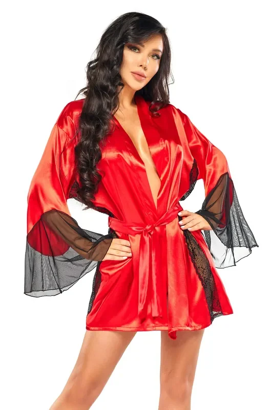 Satin Kimoni mit Mesh Ärmeln und passendem String