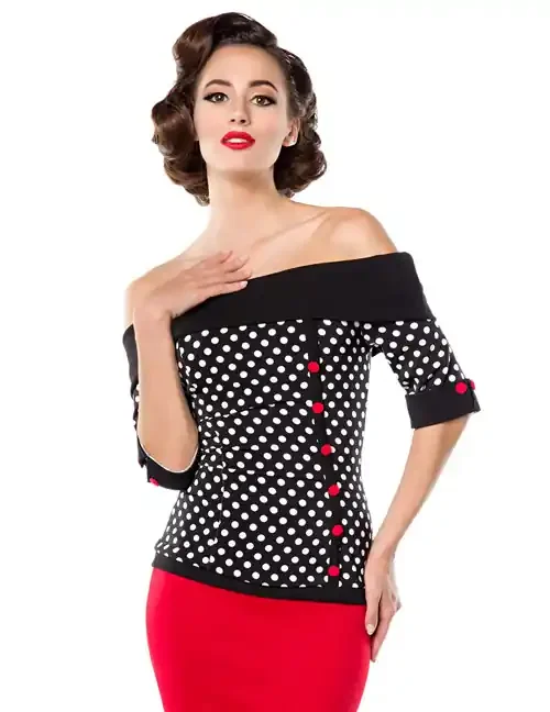 schulterfreies Jersey-Top schwarz/weiß/rot