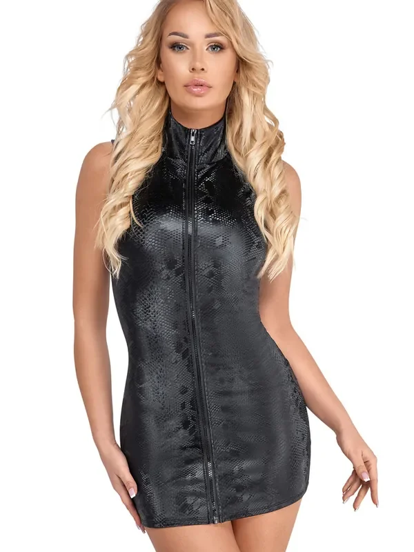 Snake-Wetlook-Minikleid, schwarz