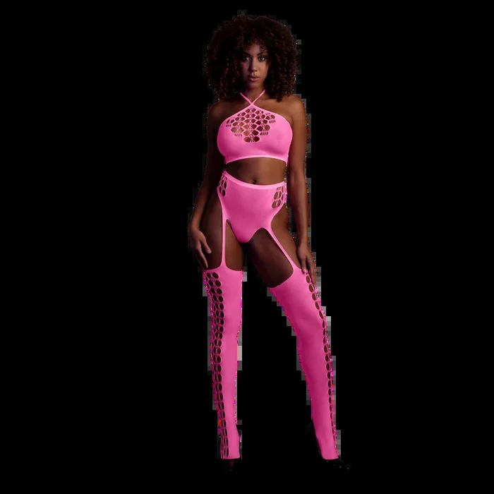 Two Piece with Crop Top and Stockings – One Size – Neon Pink