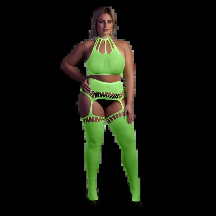 Two Piece with Crop Top and Stockings – Plus Size – Neon Green