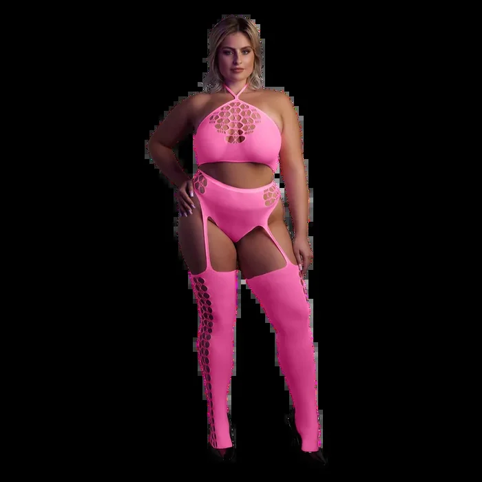 Two Piece with Crop Top and Stockings – Plus Size – Neon Pink