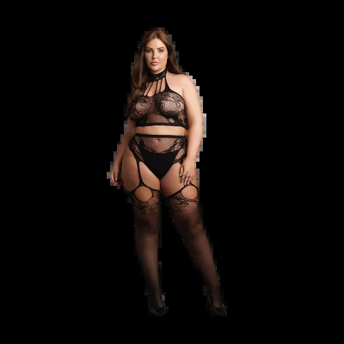 Two Piece with Halter Turtleneck and Pantie with Attached Stockings – OSX – Black