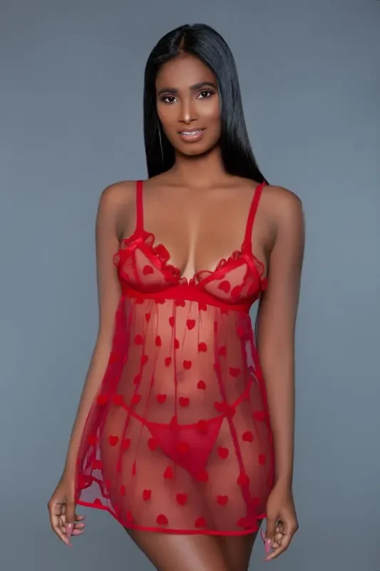 Valentine durchsichtiges Babydoll-Set – Rot