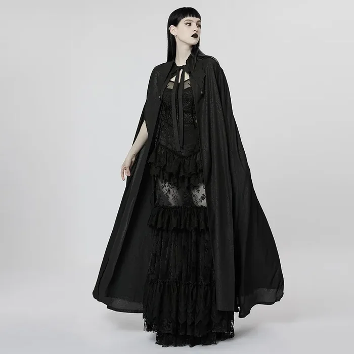 Victorian Gothic Chiffon-Umhang mit Fledermauskragen und Ornament-Print