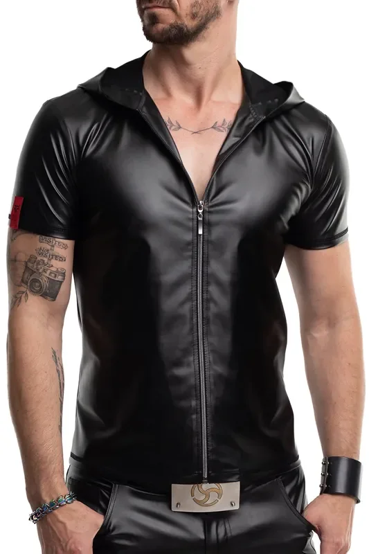 Wetlook Herren Kapuzen-T-Shirt mit Reißverschluss – Schwarz