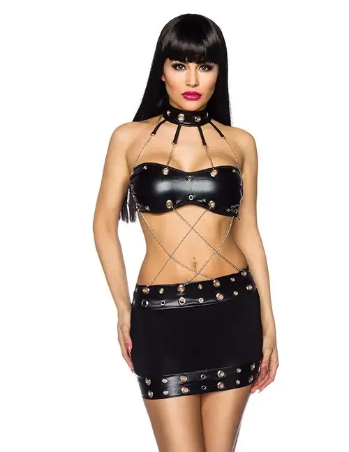 Wetlook-Set Top & Rock mit Kettenverzierung schwarz