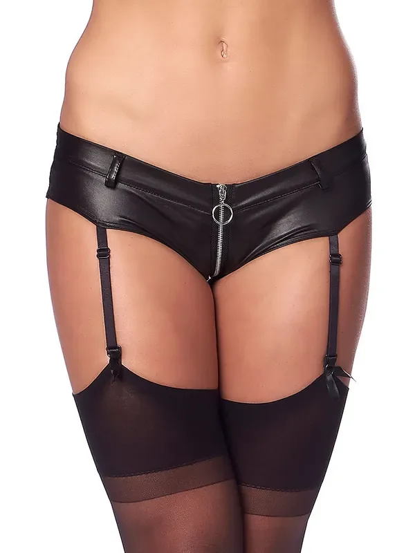 Wetlook-Strapspanty und Strümpfe, schwarz