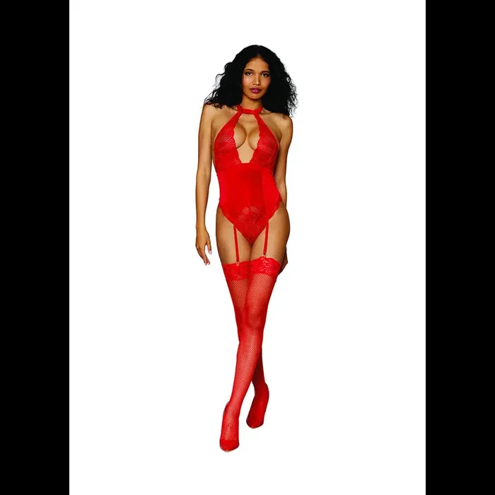 Women‘s Stretch Lace and Stretch Velvet Garter Teddy – One Size – Red